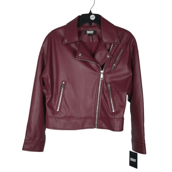 DKNY Women's Faux Leather Motorcycle Jacket Cabernet Size S - Picture 2 of 7
